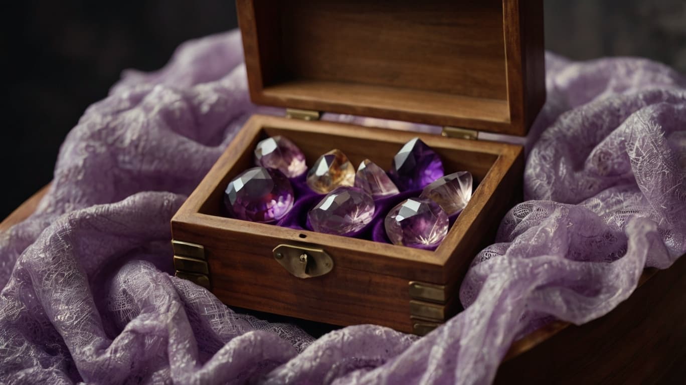 Ametrine crystal stored in a decorative box placed on soft purple fabric.