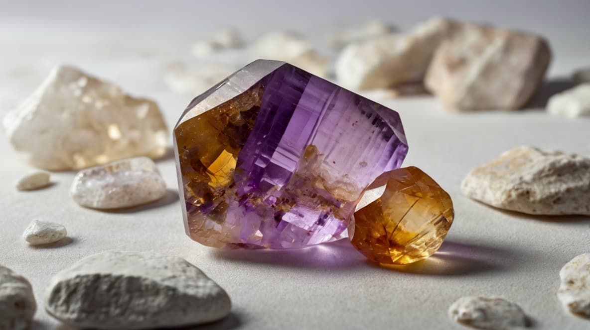 Amethyst and citrine crystals placed among  stones.