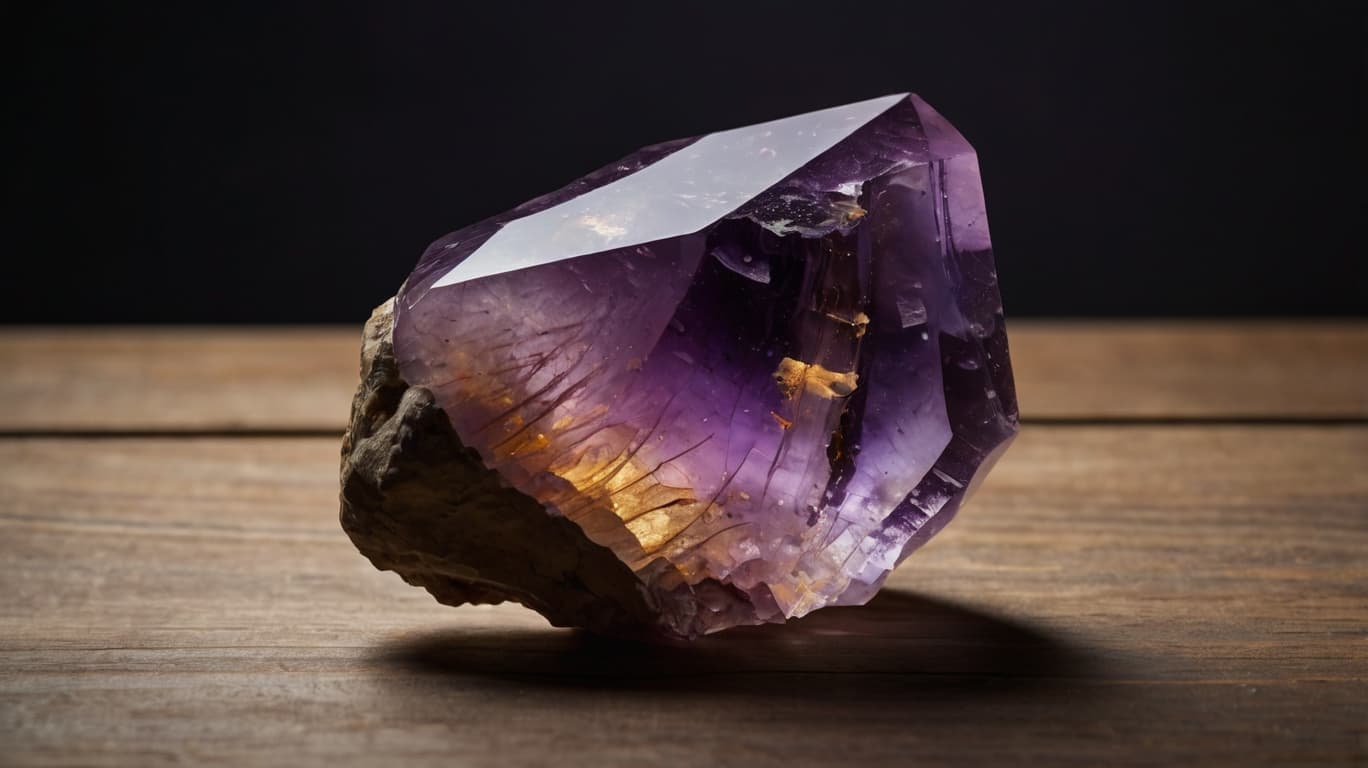 Ametrine crystal with a striking blend of purple and golden hues, resting on a wooden surface.