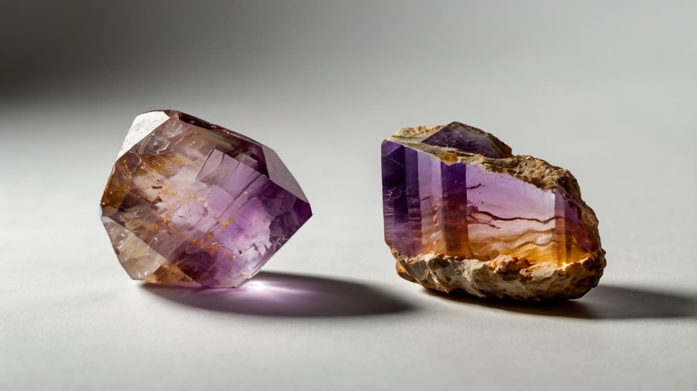 Two rough Ametrine crystals displaying a natural blend of purple amethyst and golden Citrine hues.