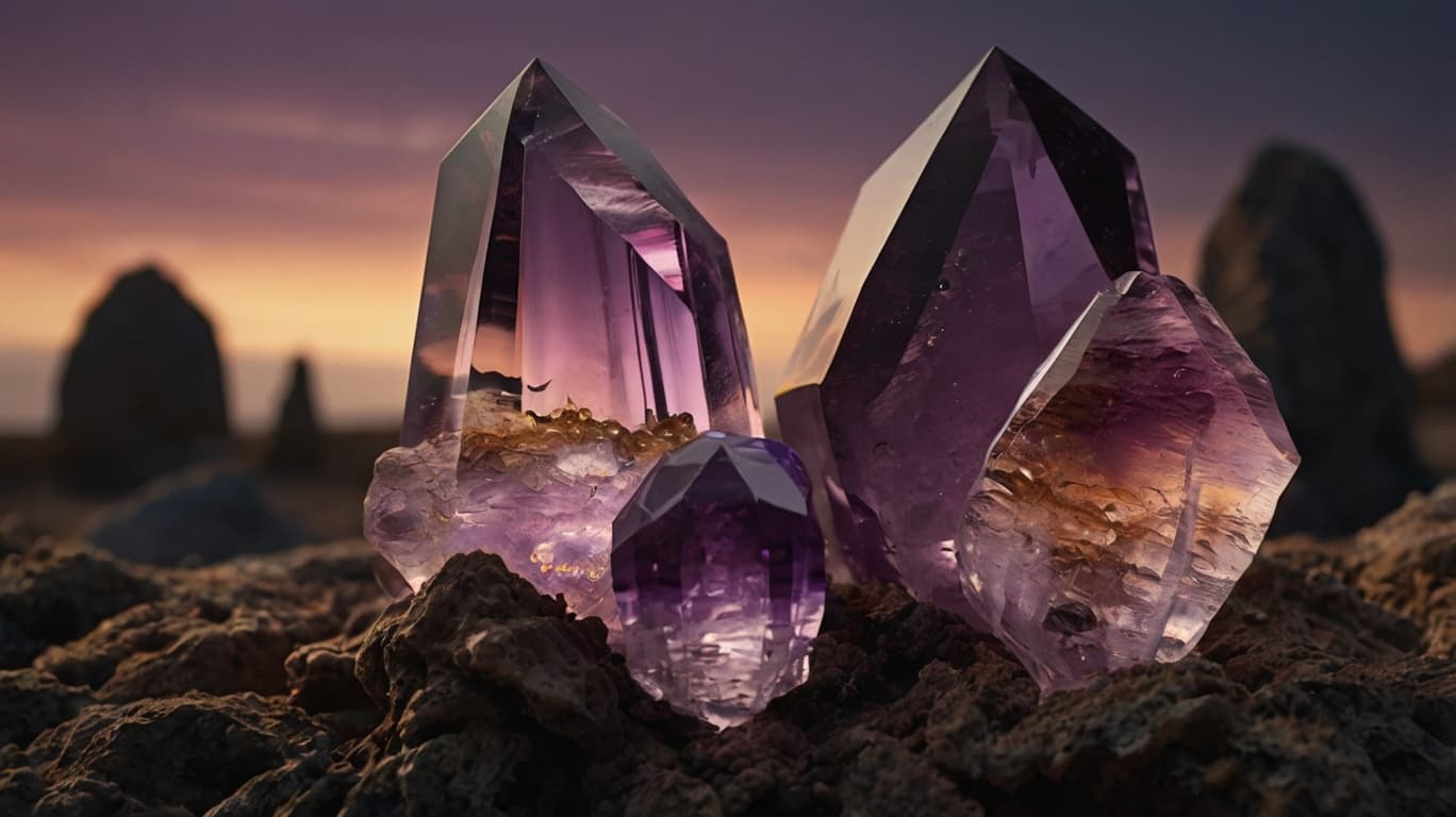 Ametrine crystal with a stunning mix of purple and golden hues, placed in a natural rocky setting at sunset.