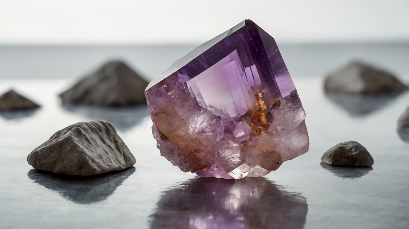 Raw Ametrine crystal with a mix of purple and golden hues, placed among small stones on a reflective surface.