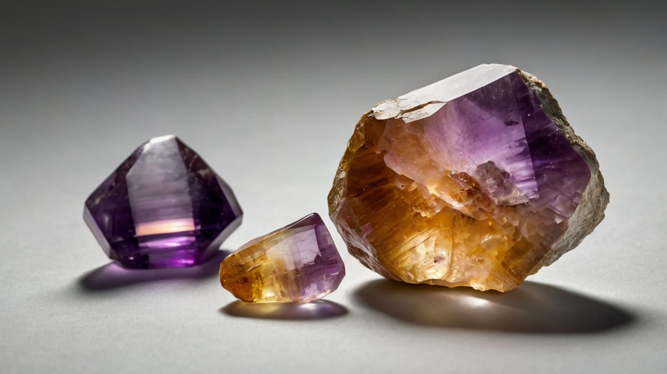 Ametrine crystal specimens featuring a blend of purple Amethyst and golden Citrine hues, displayed on a neutral background.