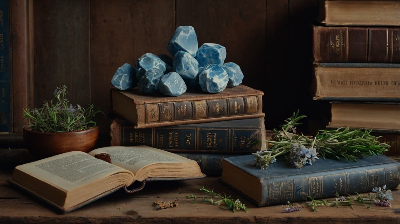 Raw Angelite stones stacked on vintage books, accompanied by dried herbs, an open book, and a wooden bowl with fresh lavender.