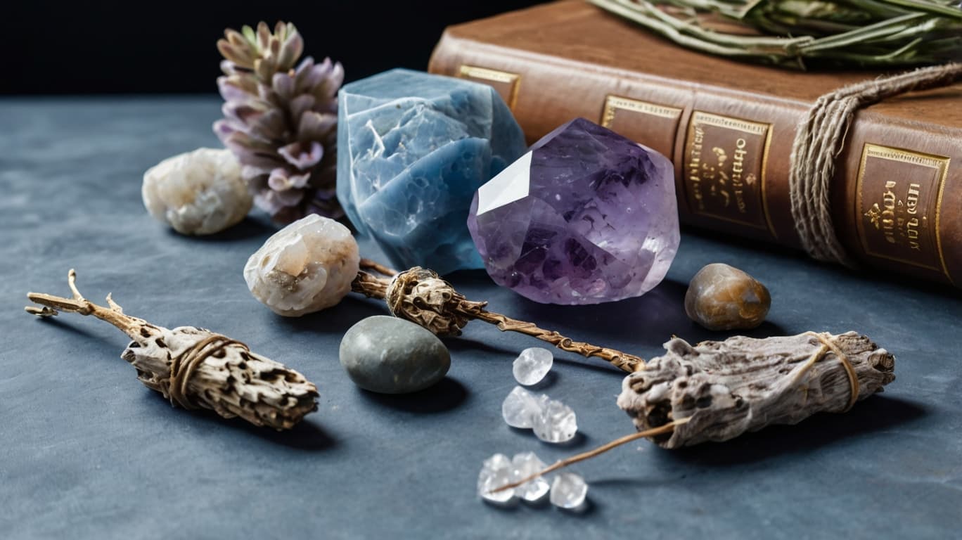 A collection of crystals including Angelite and Amethyst, accompanied by dried herbs, sage bundles, and an antique book.