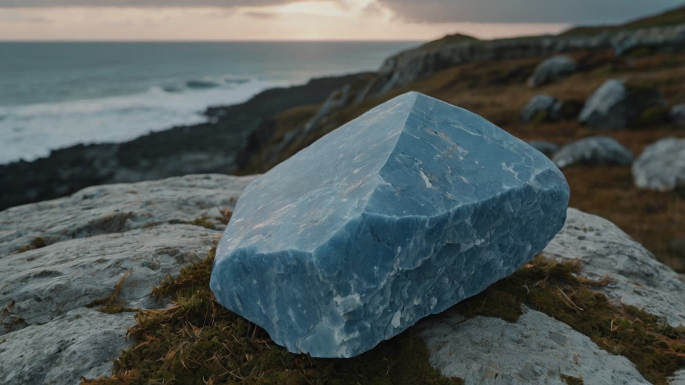 A raw Angelite stone resting on a rocky surface with an ocean view in the background.