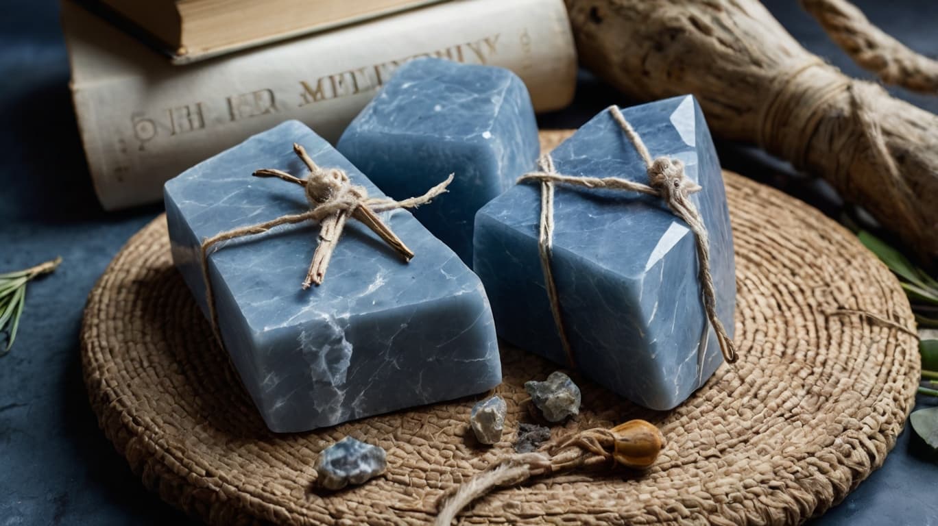 Polished Angelite crystals wrapped in twine, placed on a woven mat with scattered raw stones and an antique book in the background.