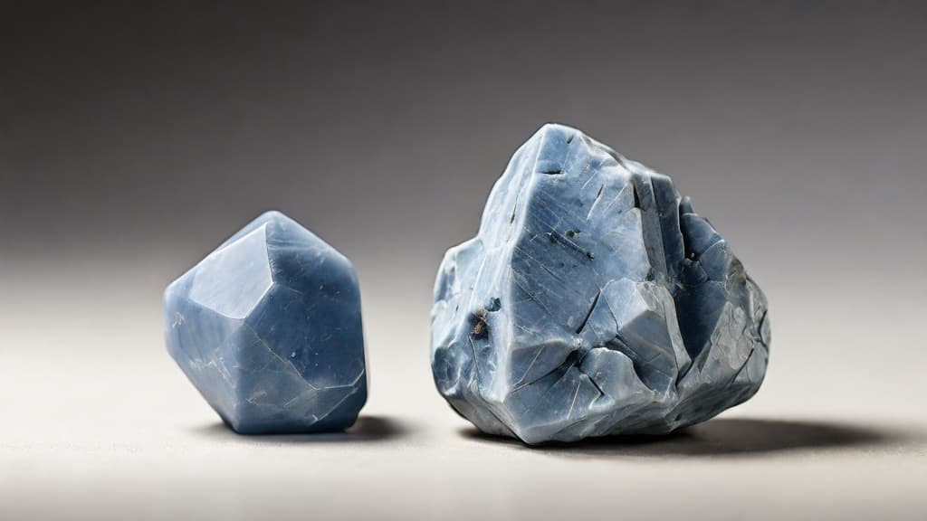 Two raw Angelite crystals with a soft blue hue, displayed against a neutral background.