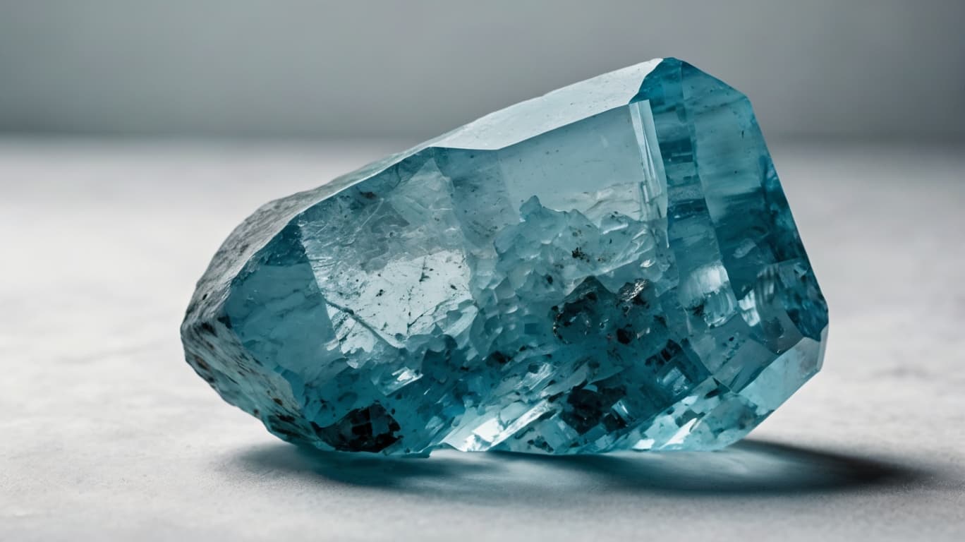 A close-up of a vibrant aquamarine crystal showcasing its smooth, light blue color and natural transparency.