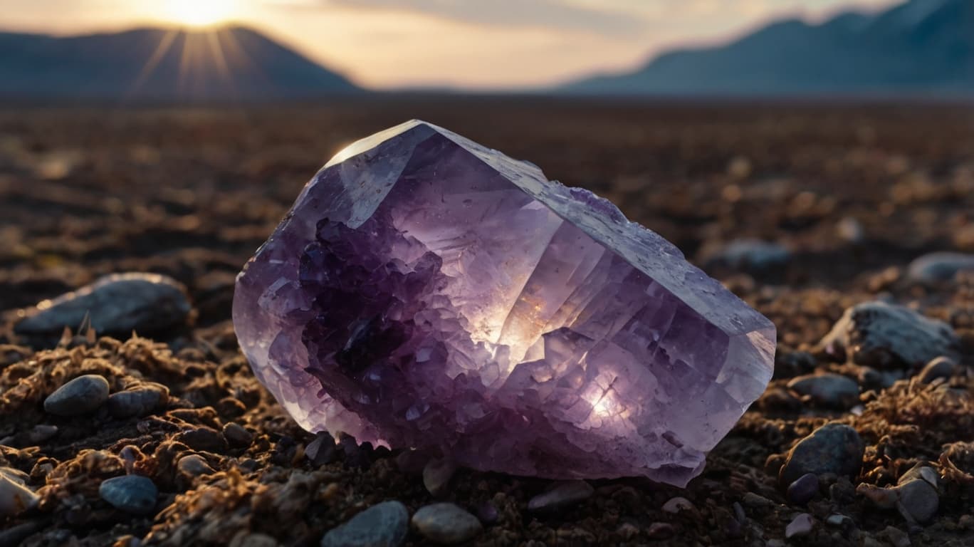 The crystal of Amethyst on the ground with sunlight streaming from the sky