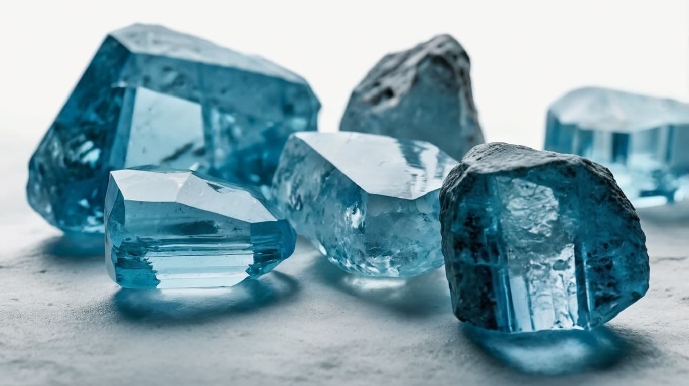 A collection of Beryl crystals, including a stunning blue Aquamarine variety, showcasing their natural beauty and vibrant hues