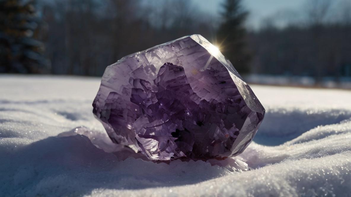 Amethyst crystal on snow under sunlight