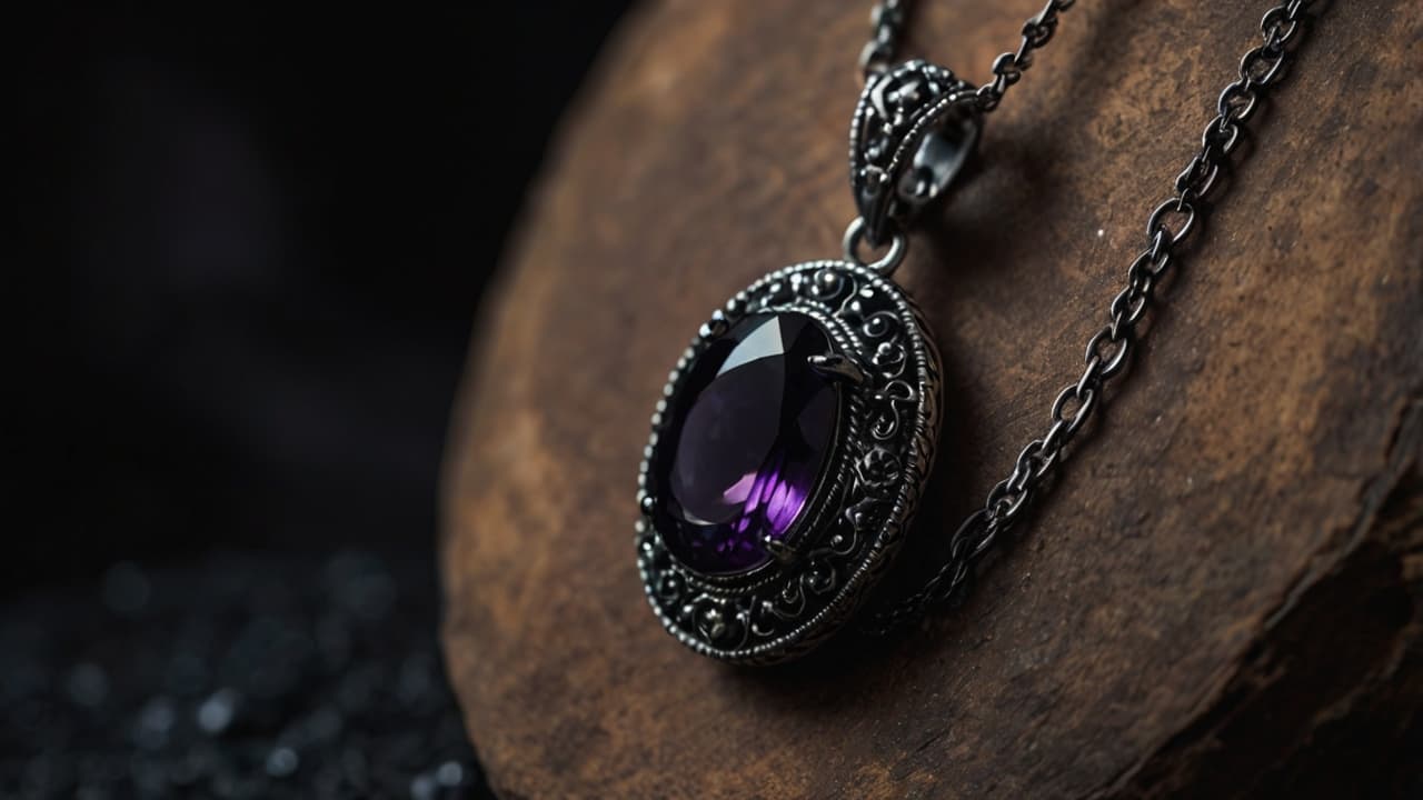 Amethyst Amulet displayed against a stone background