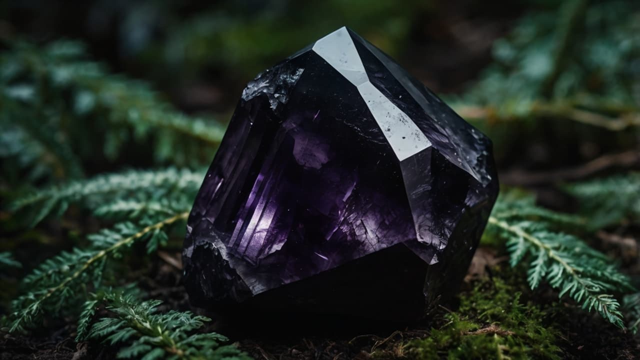 Amethyst crystal resting on forest ground