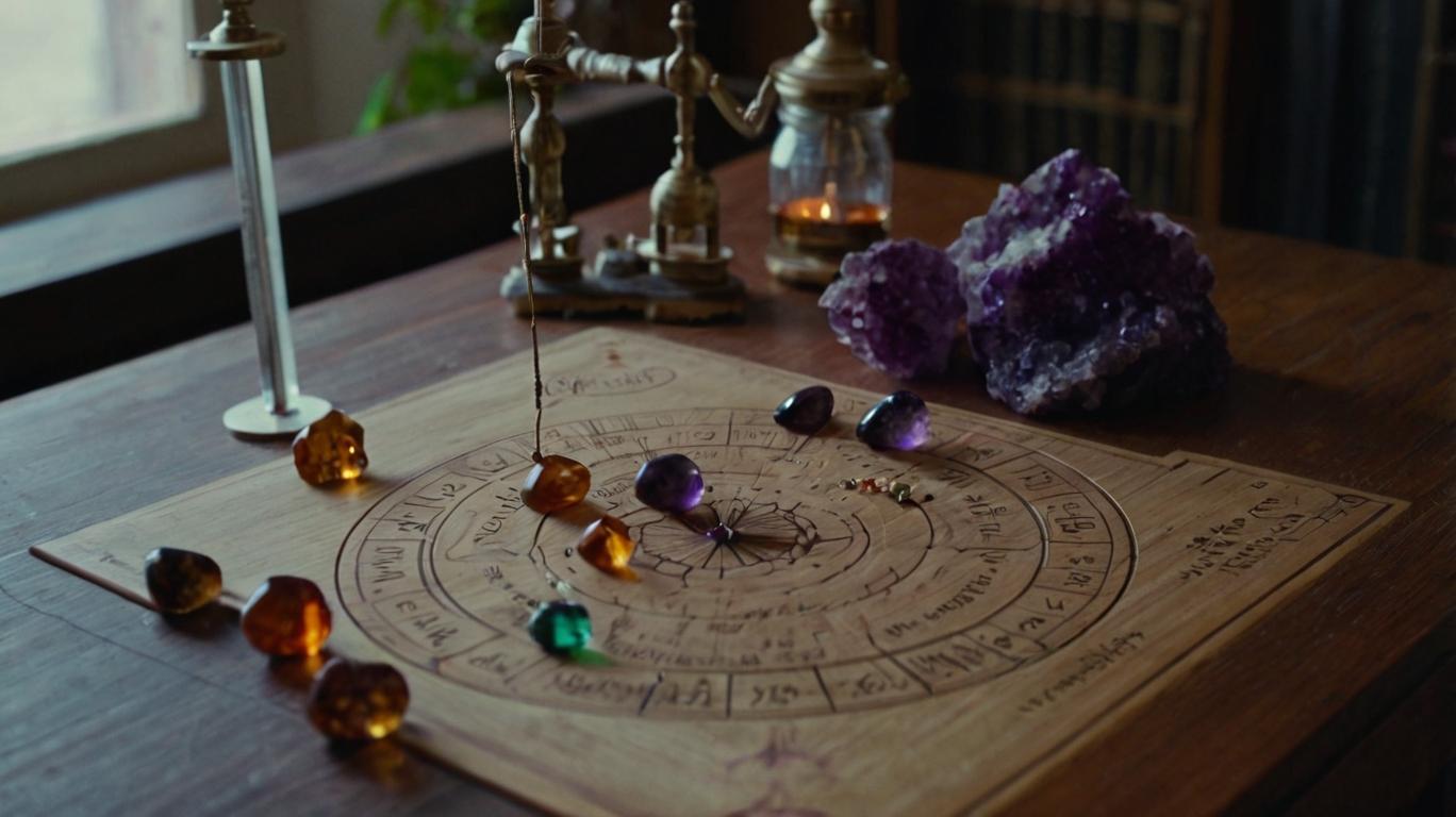 Chakra board with Amethyst stones and other crystals on a table