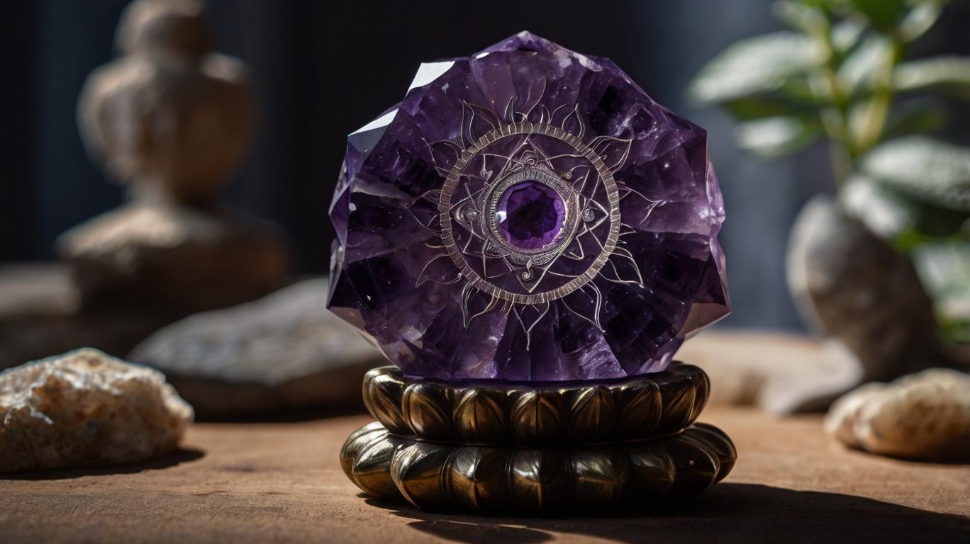 An amethyst stone on a stand with a picture of a chakra