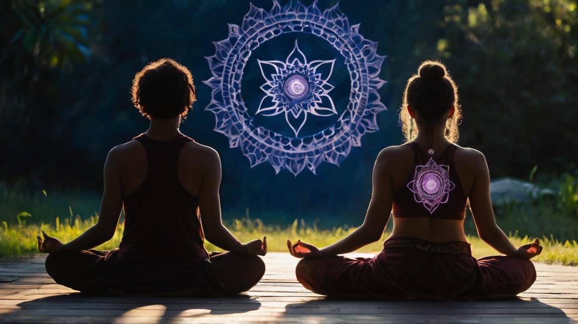 A man and a woman sit in the lotus position with a chakra sign between them.