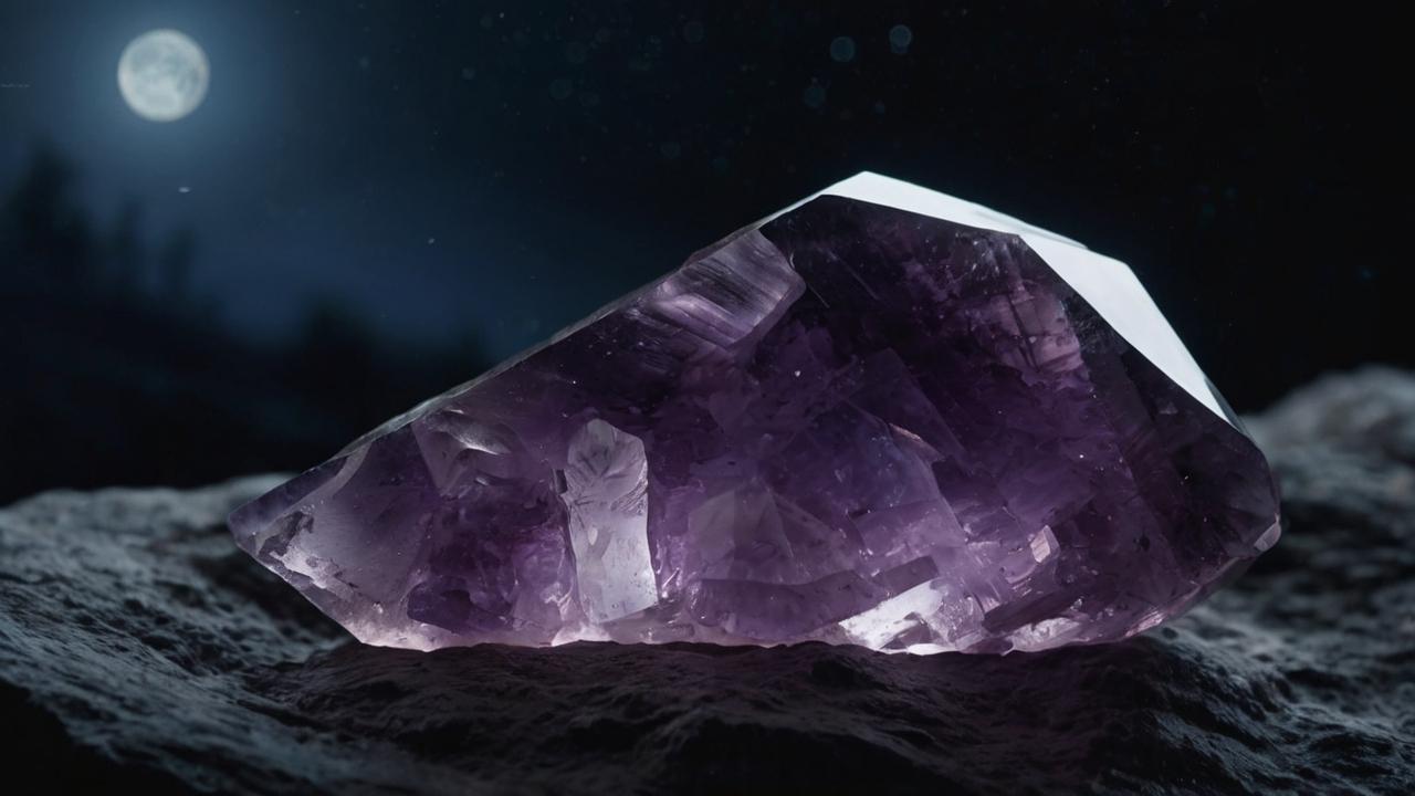 An Amethyst crystal lying on a rock under moonlight