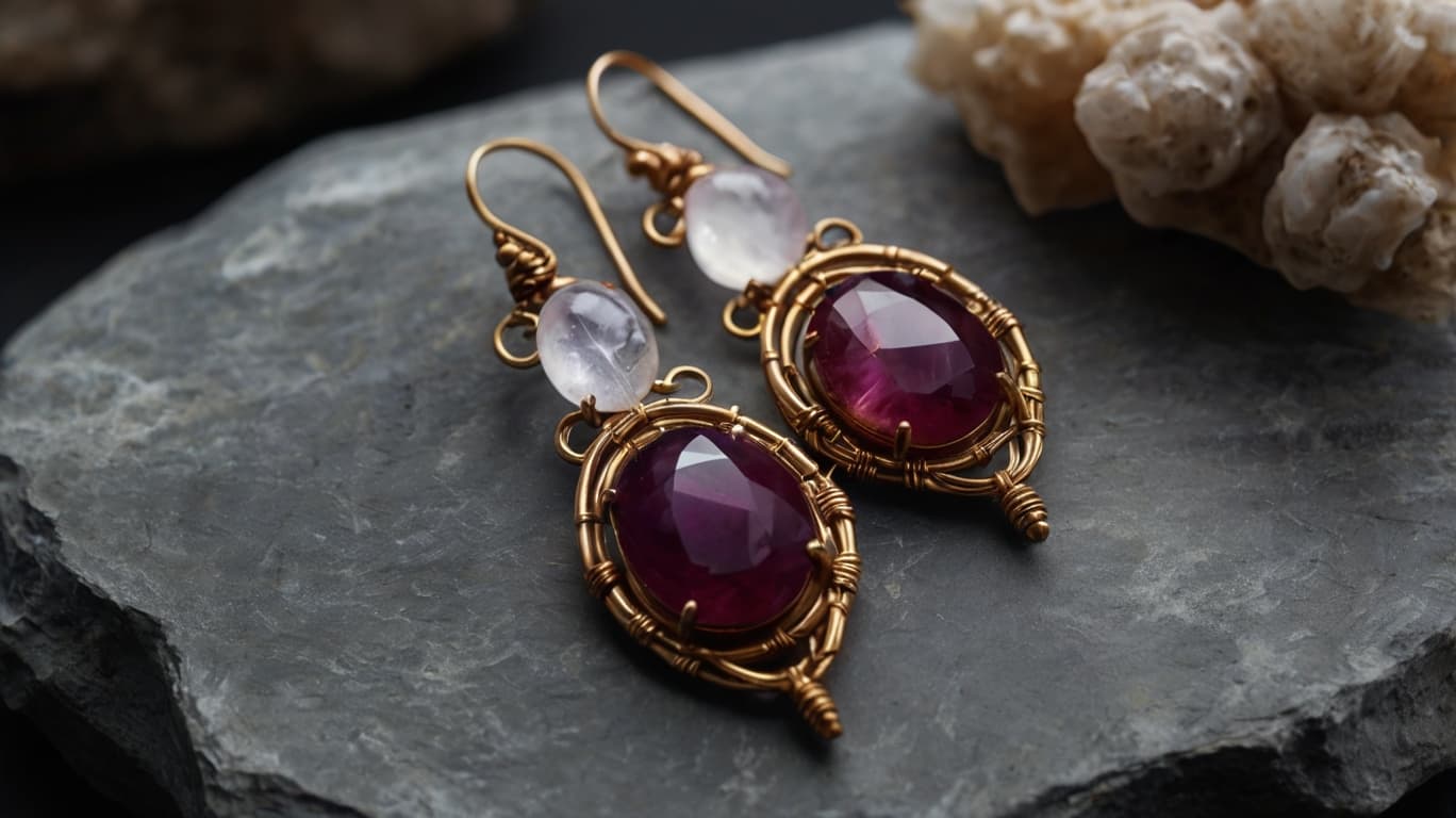 Earrings with red amethyst and Selenite lying on a stone