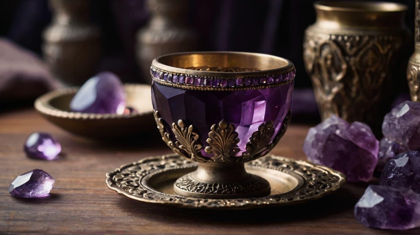 An Amethyst goblet on a saucer with Amethyst stones beside it