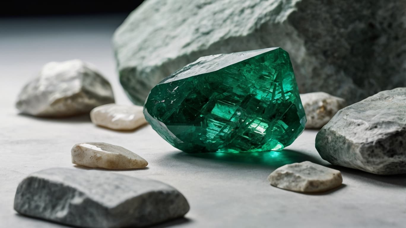 A green emerald crystal placed beside stones.