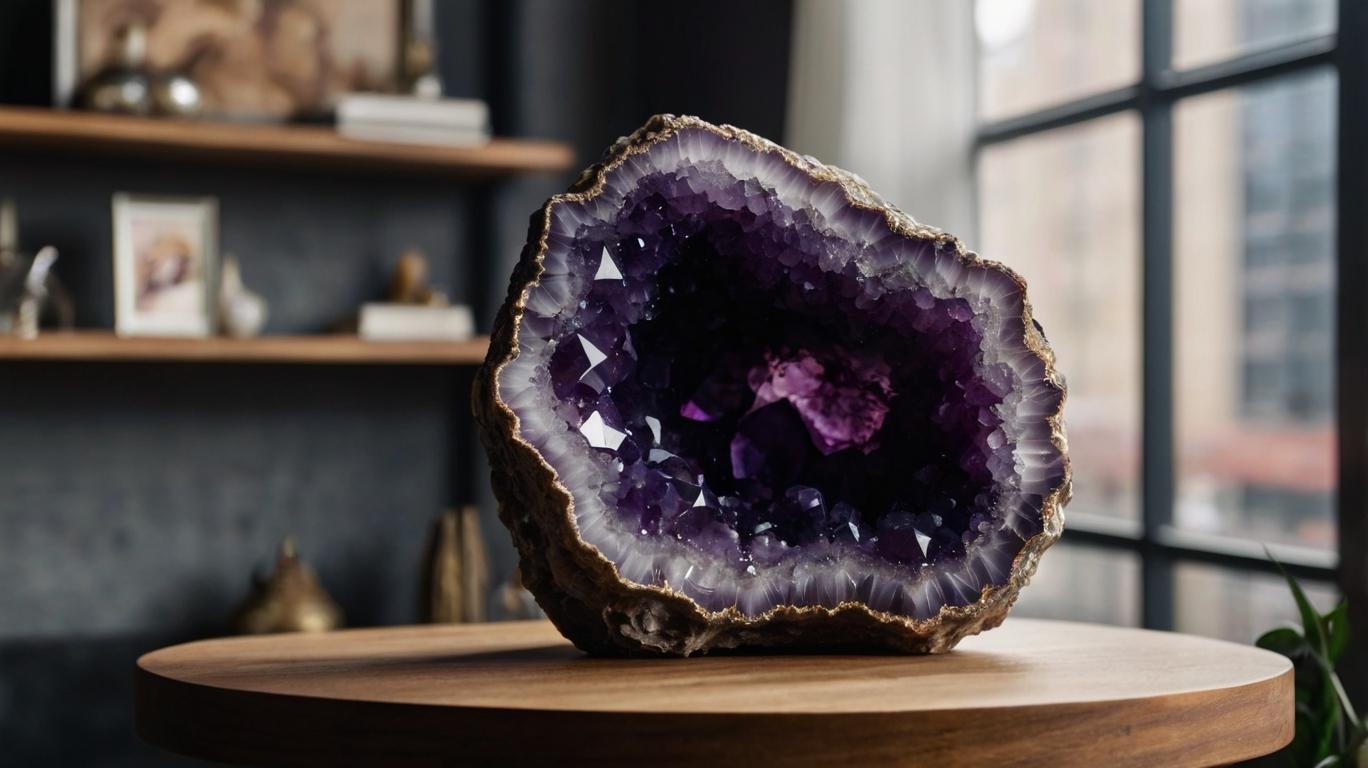 Amethyst geode on a round table in a room