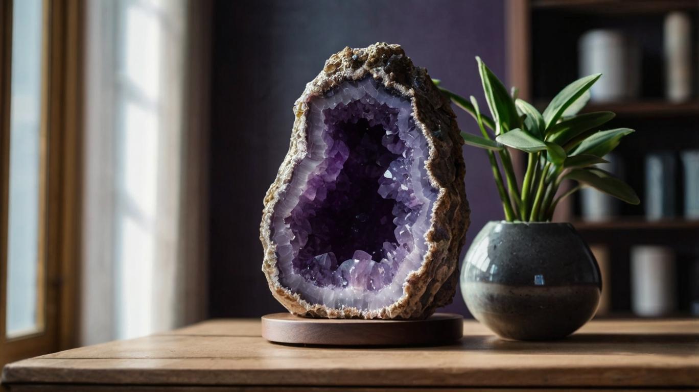 An Amethyst geode on a stand, placed next to a potted plant on a table, with a room in the background