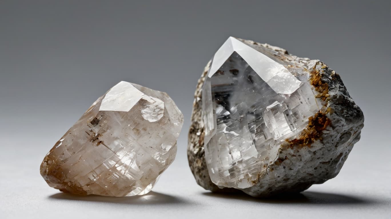 Two goshenite crystals, one larger and one smaller, showcasing their colorless transparency and natural hexagonal form.