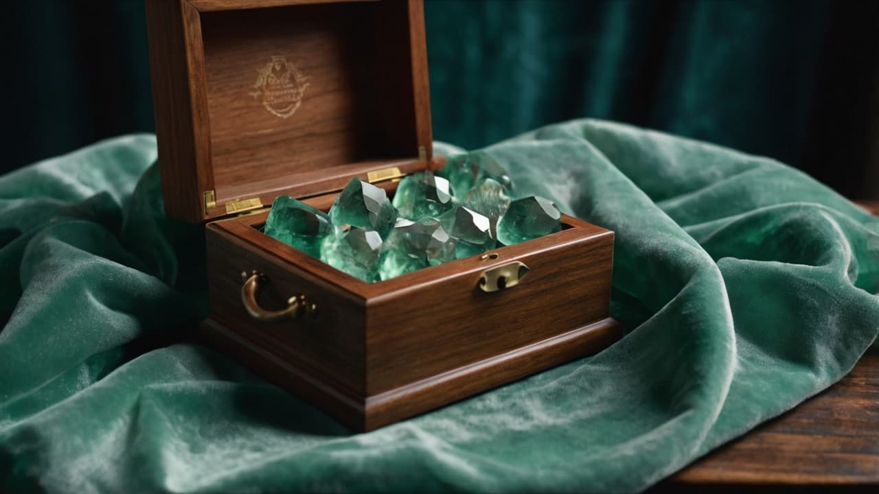 A collection of green amethyst crystals stored in a wooden box, placed on a soft green fabric