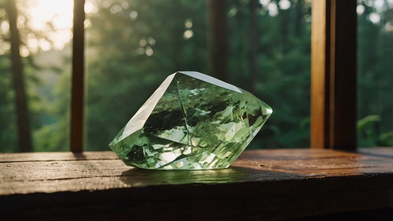 A polished green amethyst crystal reflecting sunlight on a wooden surface