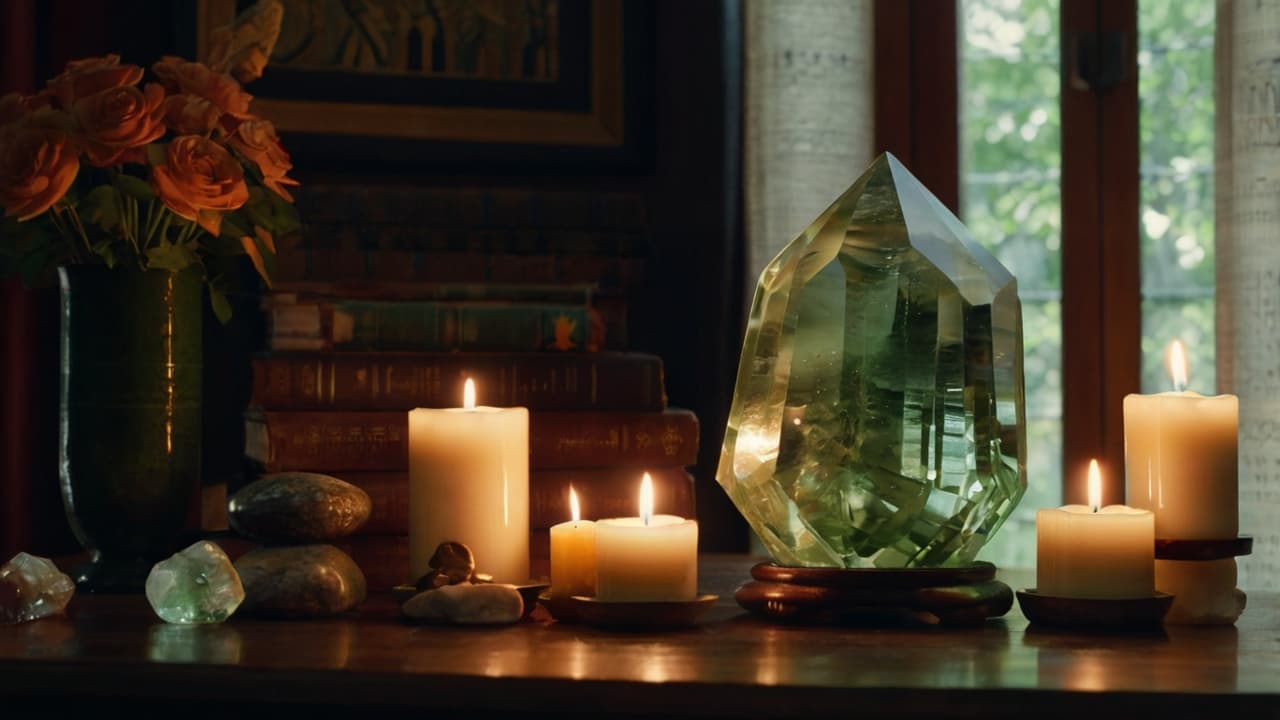 A large green amethyst crystal surrounded by candles and stones on a wooden table