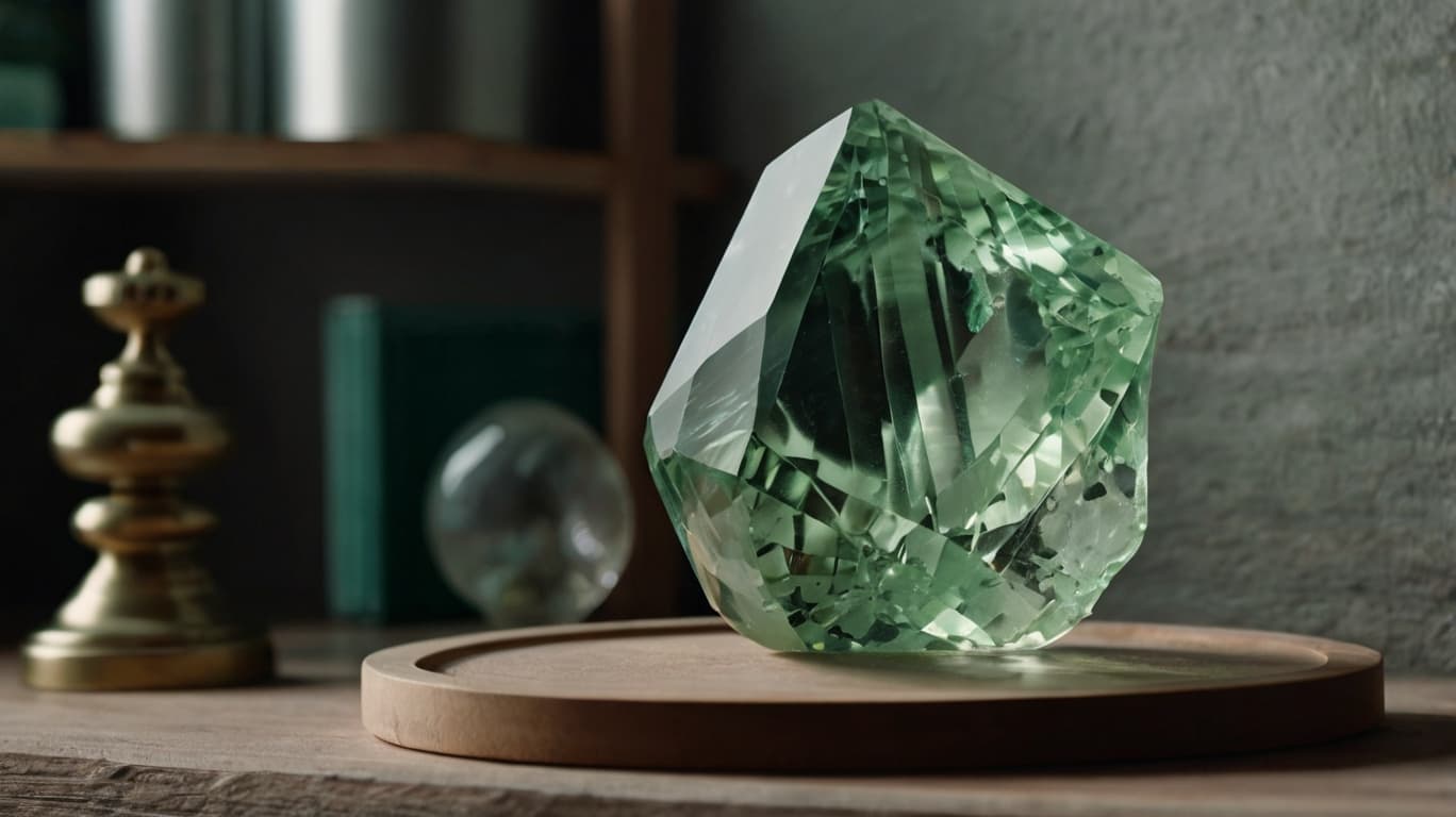 A green amethyst crystal placed on a wooden tray with decorative items in the background