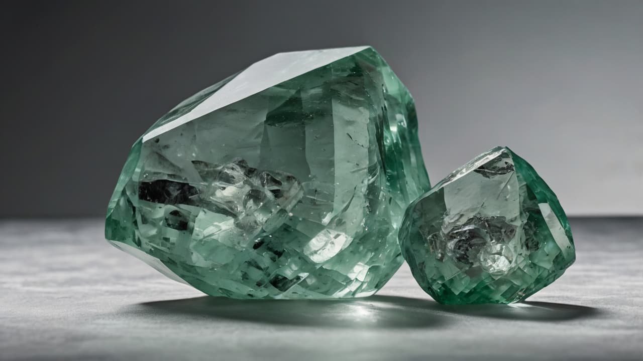 Two raw green amethyst crystals placed side by side