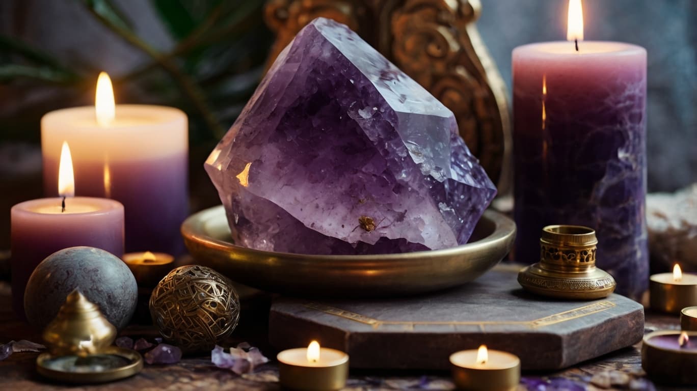 Amethyst crystal on a decorated altar with spiritual objects, candles, and incense, used in meditation and spiritual practice.