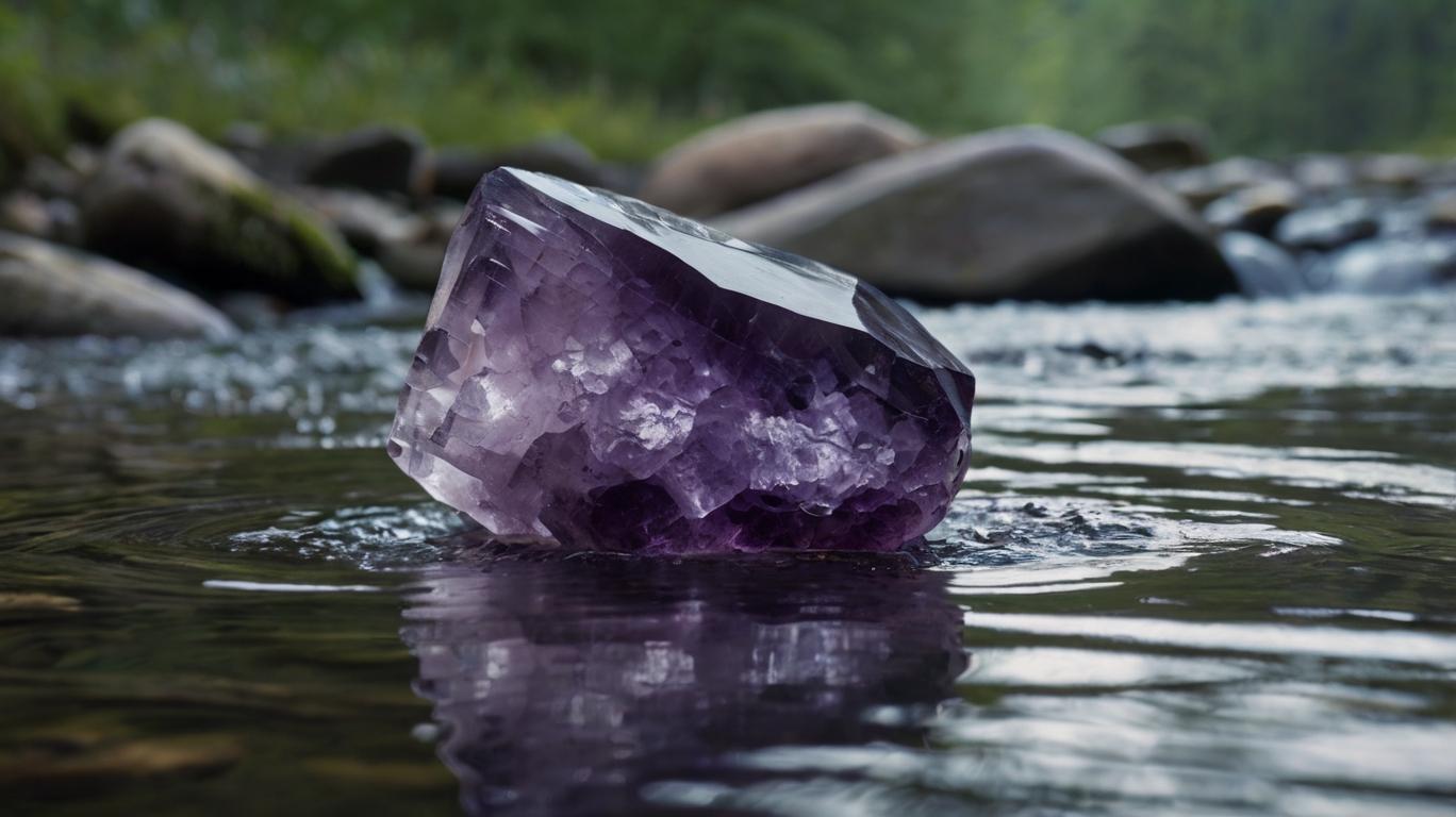 The Amethyst crystal lies in a shallow mountain stream.