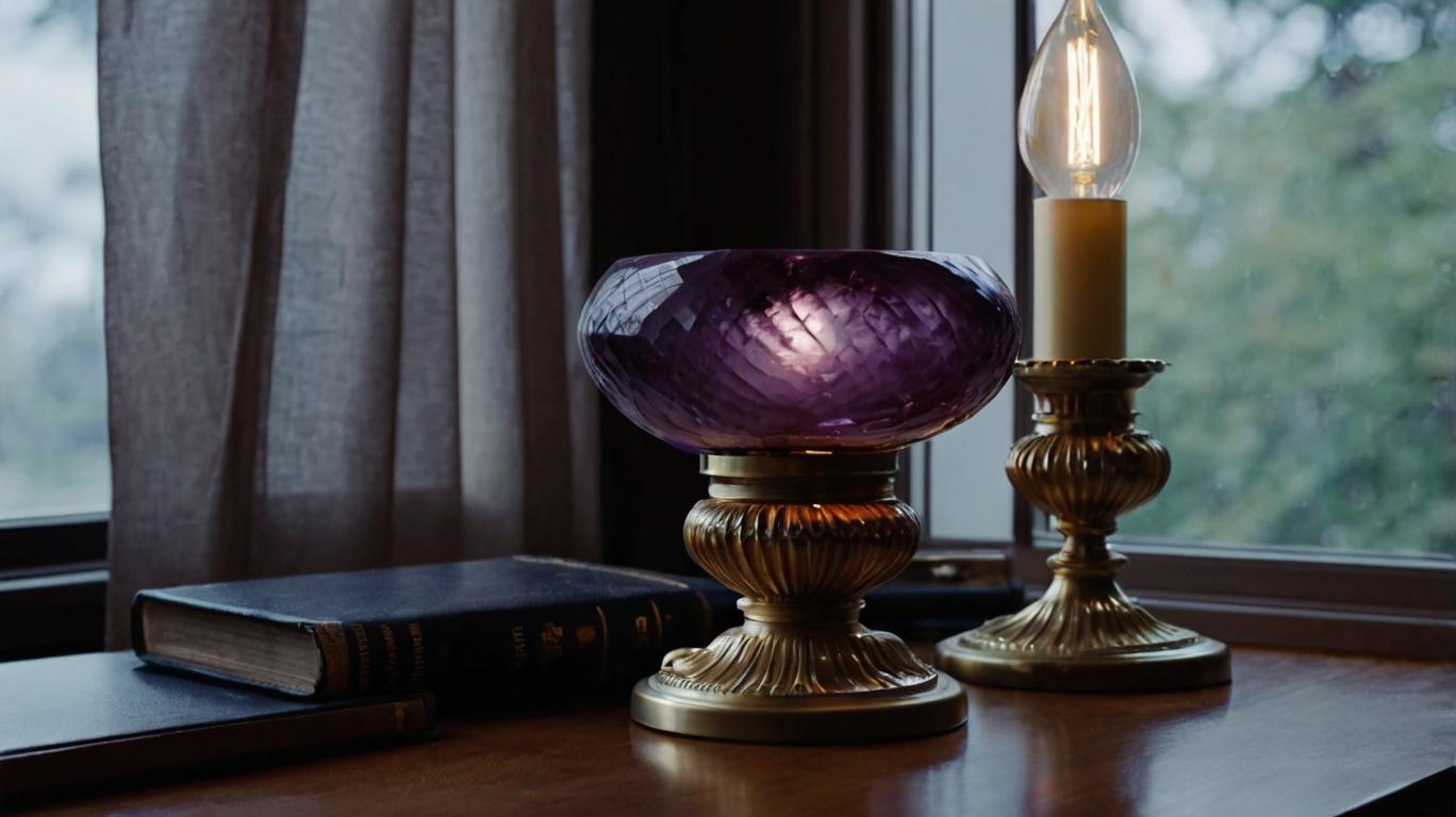 A lamp with an Amethyst shade on a desk