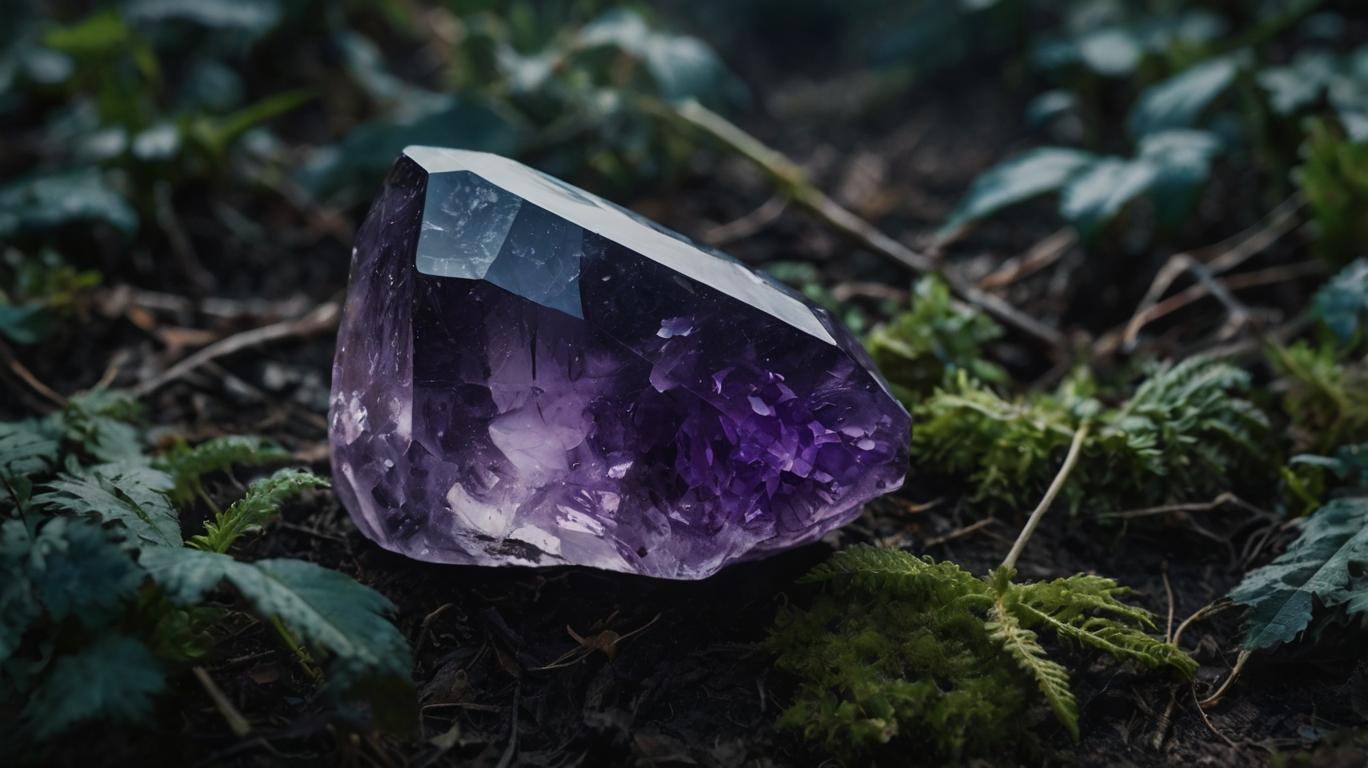 Amethyst stone lying on forest ground