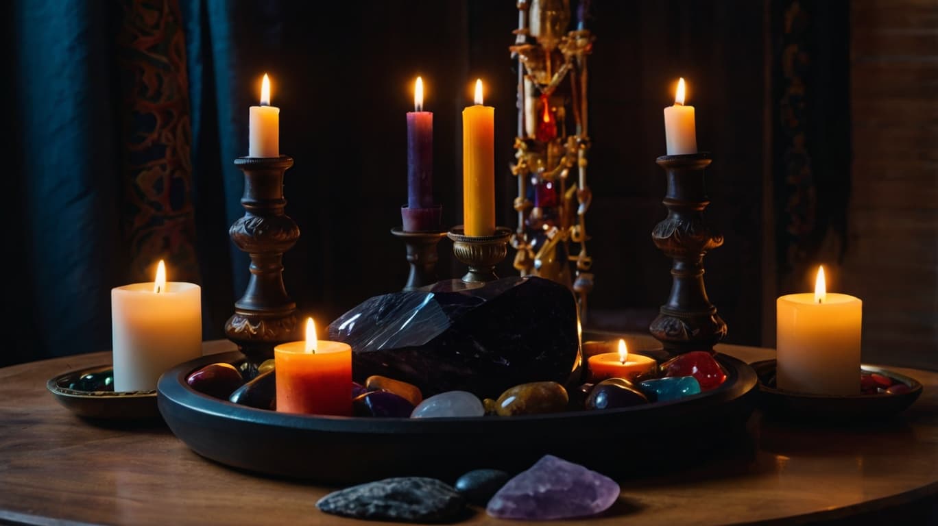 Black Amethyst crystal placed on a table surrounded by candles and various crystals