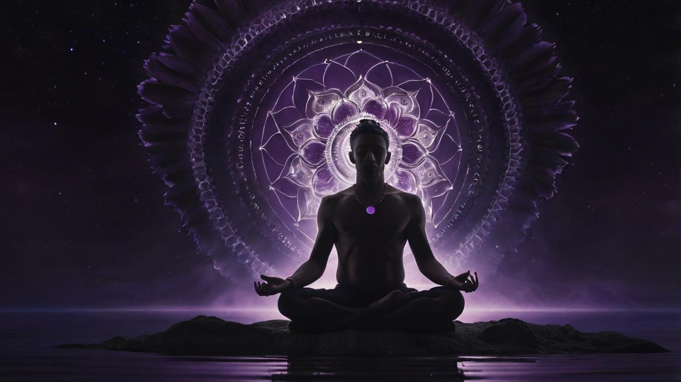 A man sitting in the lotus position against the background of the chakra sign