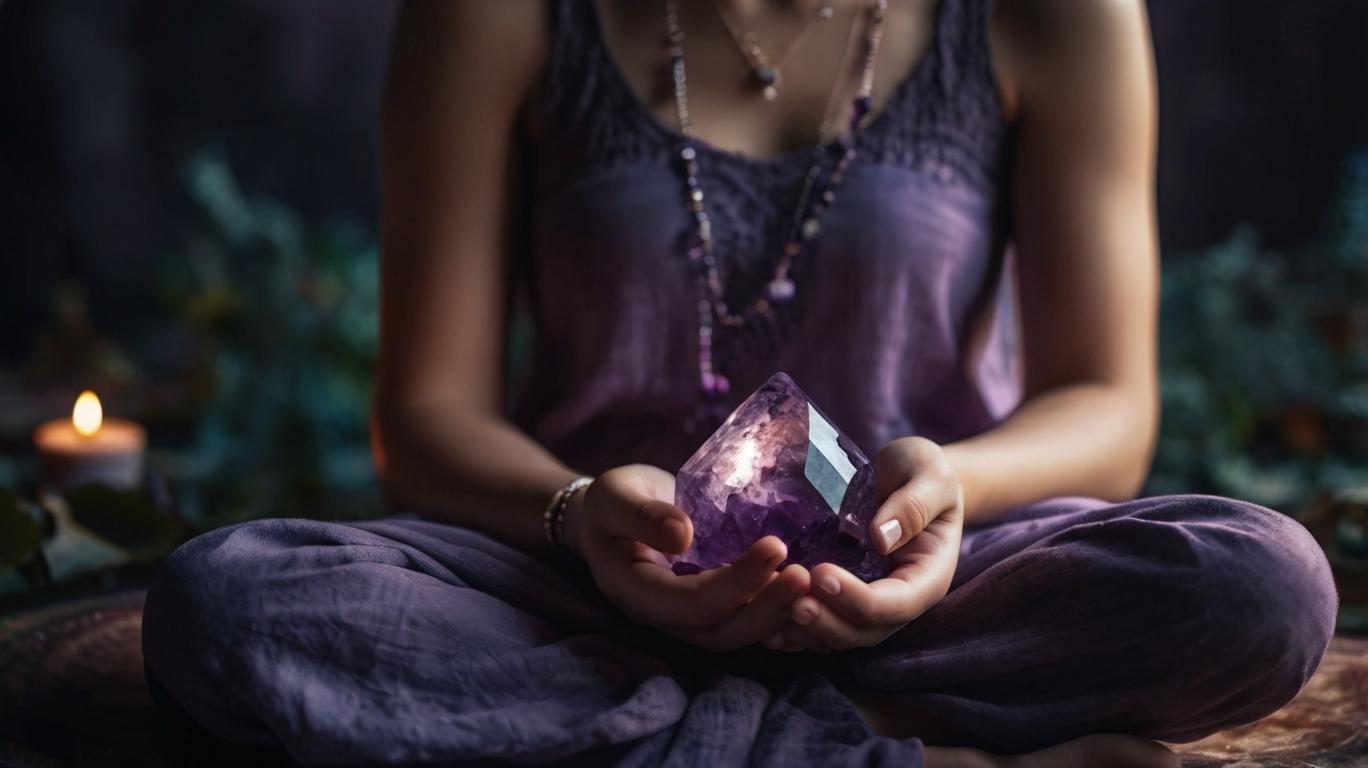 A woman sitting in the lotus position holding an Amethyst crystal in her hands