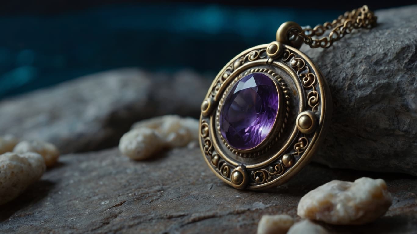 Amethyst amulet lying on stones