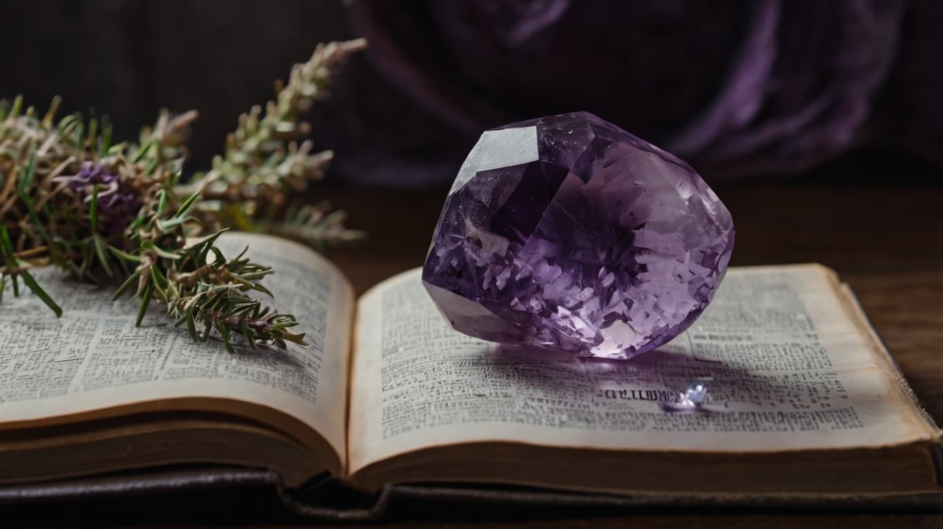 Amethyst crystal lying on an ancient magical book