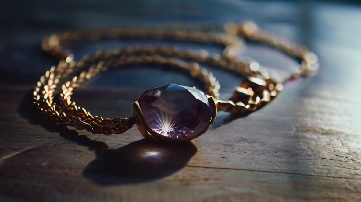 A necklace with an Amethyst pendant on a wooden background