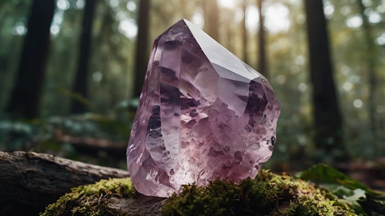 Pink Amethyst Crystal set against a forest backdrop