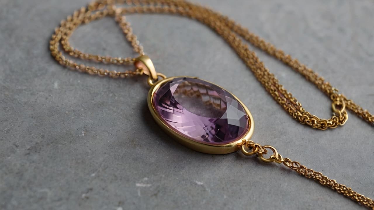 A Pink Amethyst pendant set in a gold chain necklace, placed on a stone surface.