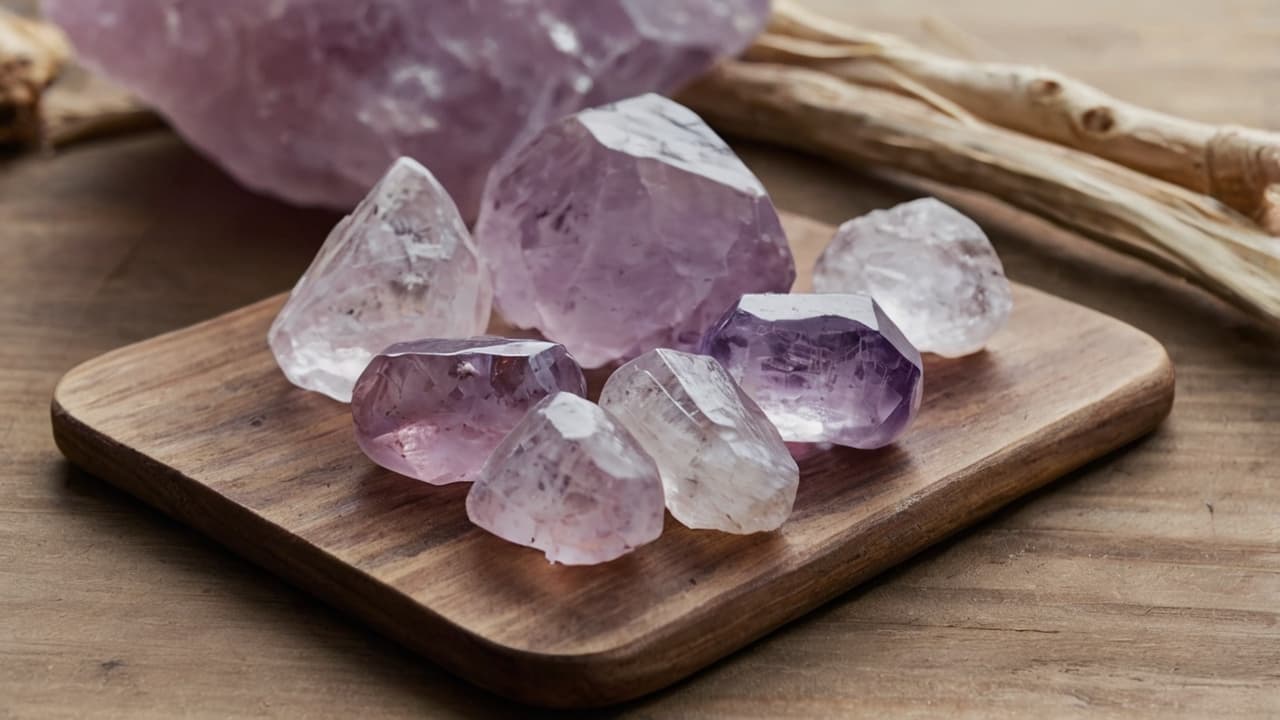 A collection of raw Pink Amethyst crystals displayed on a wooden surface.