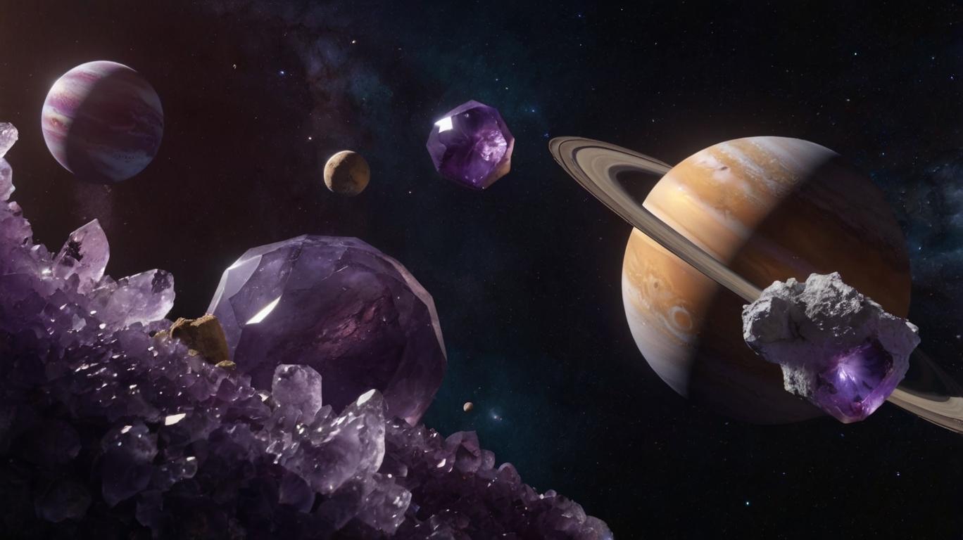 Amethyst crystal floating near the planet Saturn against a cosmic background