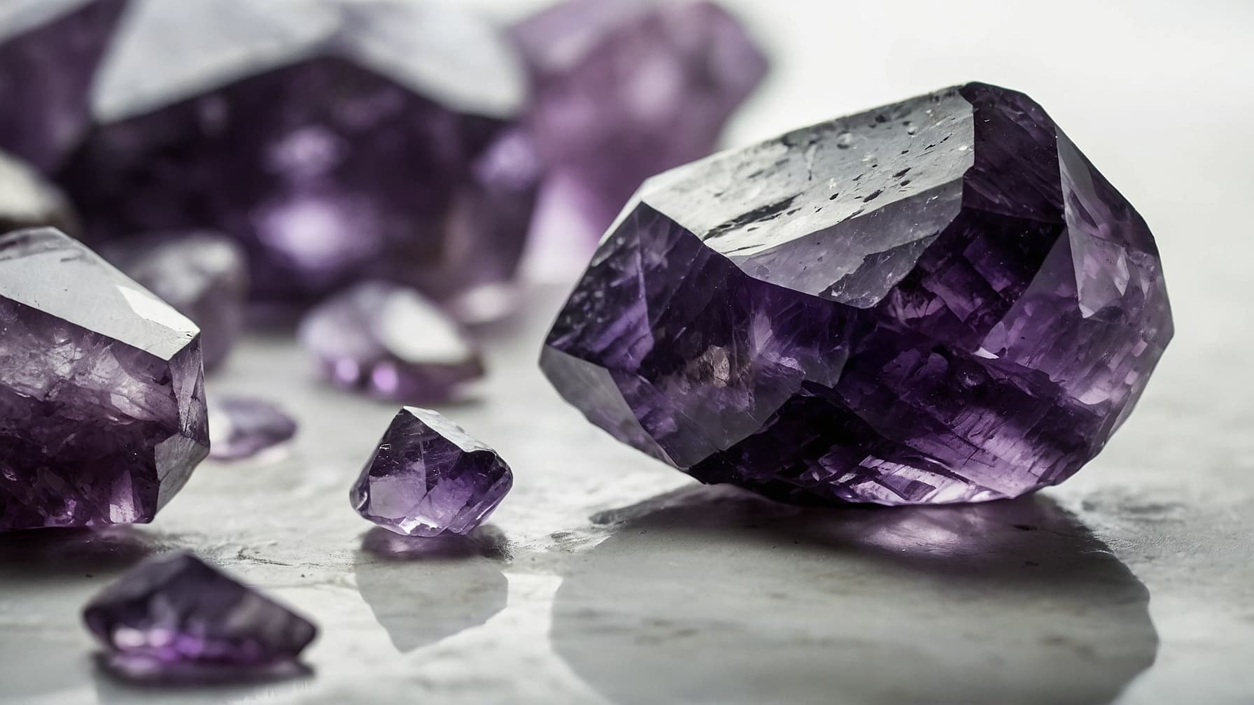 A large Amethyst stone surrounded by a few smaller amethyst stones