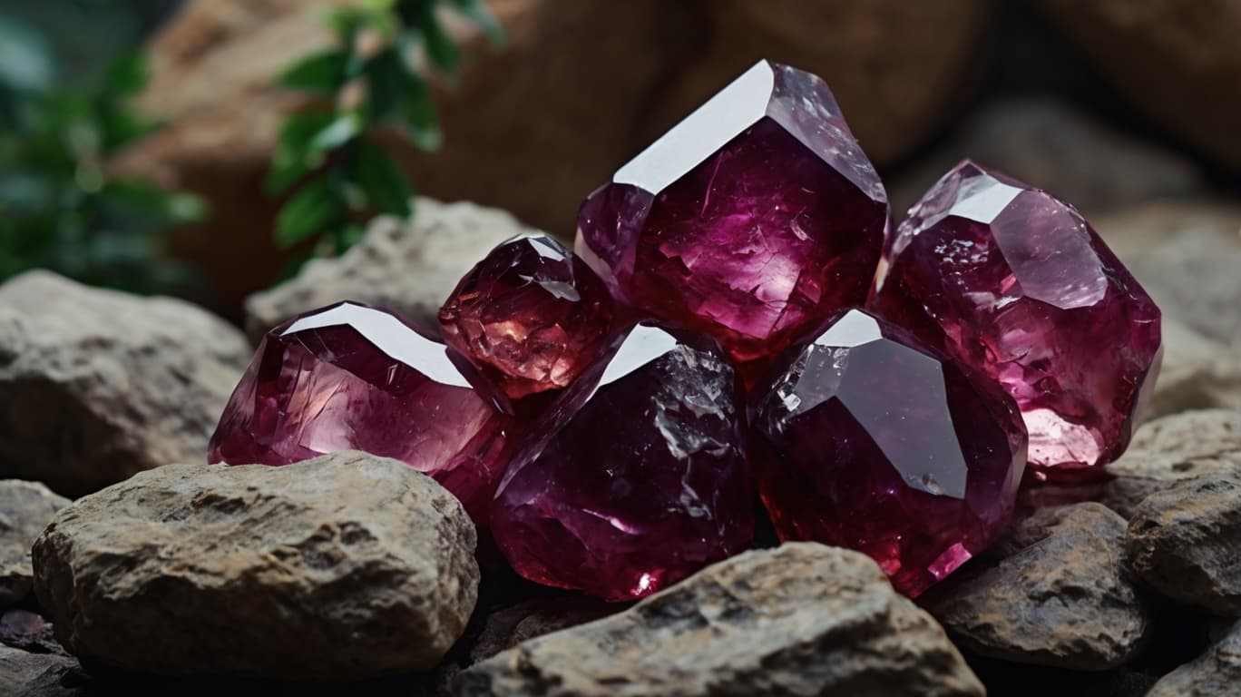 Red amethyst crystals lying on the stones