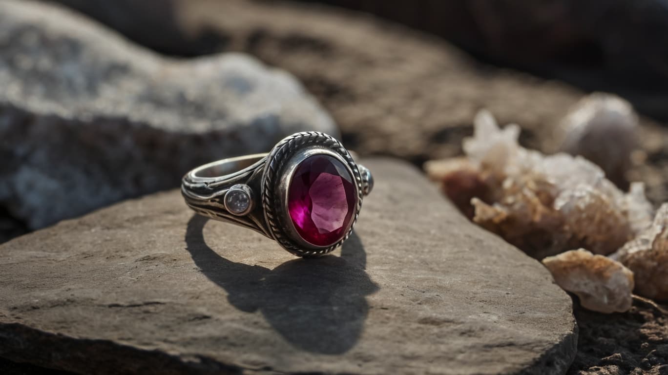 Ring with red amethyst lying on a stone